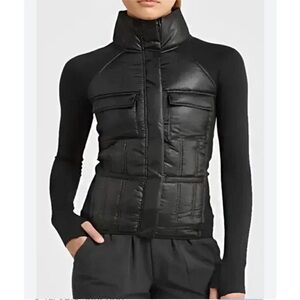 Zella Women's Black Hybrid Quilted Front Full Zip Jacket Thumb Holes